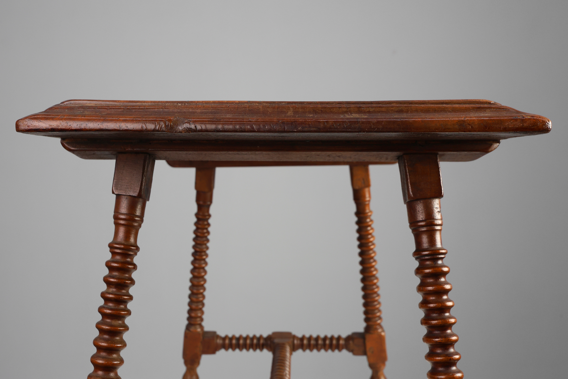 Antique Oak Side Table with Turned Legs and Stretcher Base, Spain, 17th Centurythumbnail